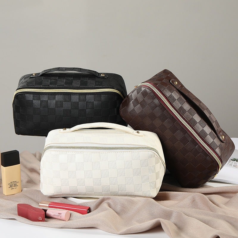 Pu Leather Cosmetic Bag Multifunctional Checkerboard Pillow Bag Large Capacity Waterproof Travel Portable Toiletry Bag - Image 4